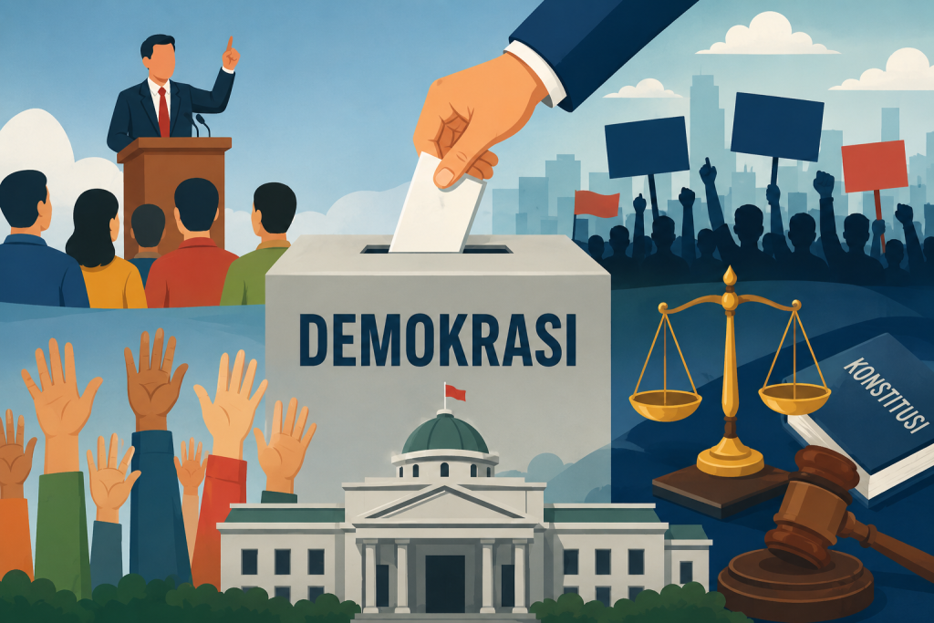 Ilustrasi berbagai jenis demokrasi dengan simbol pemilu, musyawarah, kebebasan berpendapat, dan partisipasi masyarakat.