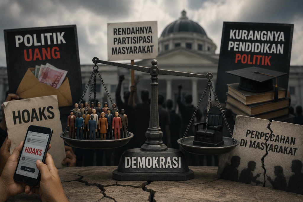 Ilustrasi tantangan demokrasi seperti politik uang, hoaks, rendahnya partisipasi masyarakat, dan konflik sosial dalam pemerintahan.