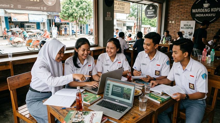 Suasana Pelajar SMAN 1 Sindang Indramayu Belajar Kelompok dan Mengerjakan Tugas di Cafe