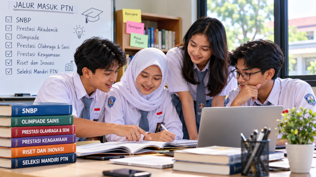 Ilustrasi siswa SMA di Indramayu sedang berdiskusi dan mempersiapkan jalur prestasi masuk PTN melalui SNBP, olimpiade, olahraga, dan seleksi mandiri