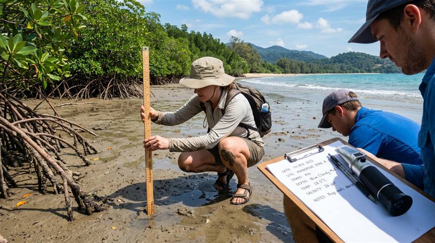Observasi lapangan ekosistem pantai dan pengukuran sedimentasi mangrove oleh peneliti muda